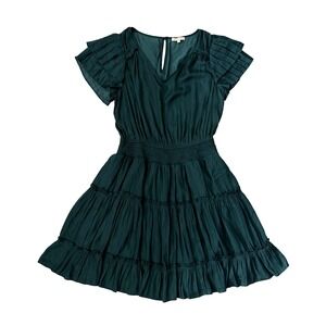 Skies are Blue Ruffle Dress Women S 4 6 Green Peasant Tiered Flutter V Neck Mini